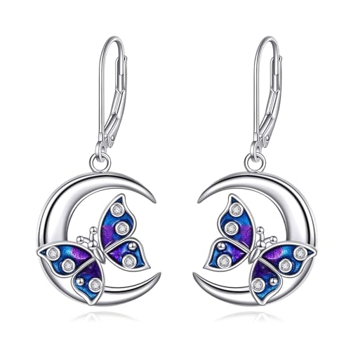 Schmetterling Ohrringe Damen Mädchen 925 Sterling Silber Blauer Schmetterling Mond Hängend Ohrhänger Schmuck Geschenk von YAFEINI