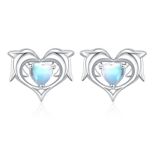 Mondstein Delfin Ohrringe Sterling Silber Jumping Double Delfin Ohrstecker Schmuck Geschenke für Damen von YAFEINI