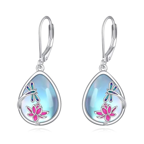 Mondstein Libellen Ohrringe für Damen 925 Sterling Silber Lotus Tropfen Ohrhänger Libellen Ohrringe Leverback Ohrringe Schmuck Geschenke für Mädchen (Libellen Ohrringe) von YAFEINI