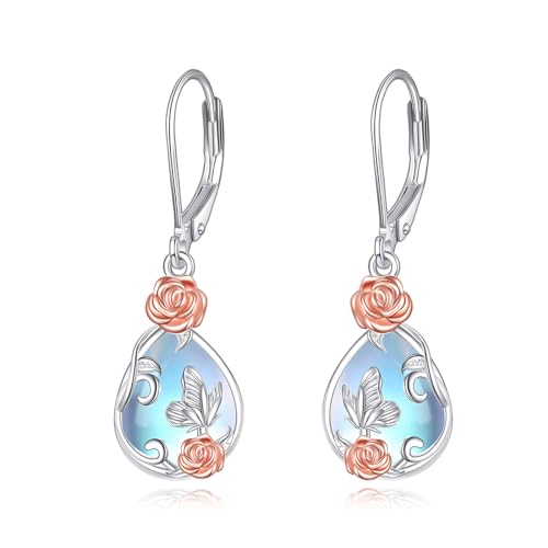 Rose Blume Ohrringe S925 Sterling Silber Mondstein Tropfen Leverback Ohrhänger Schmuck Geschenk für Damen Mädchen von YAFEINI