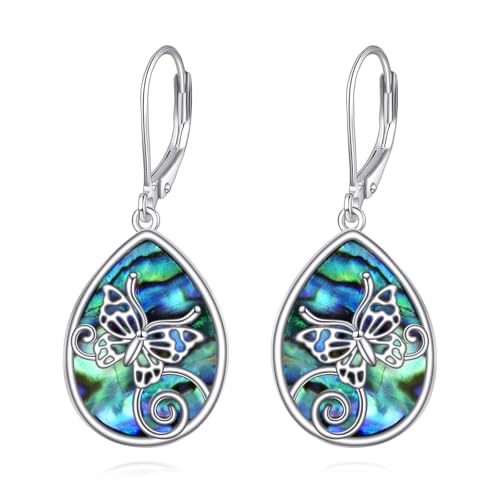 Schmetterling Abalone Ohrringe S925 Sterling Silber Schmetterling Leverback Ohrhänger Schmuck für Damen Mädchen von YAFEINI