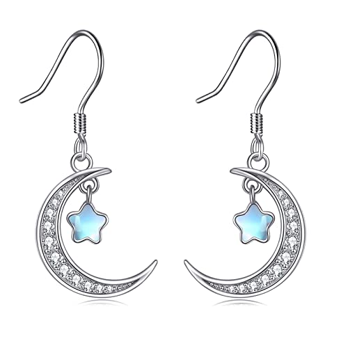 Mond und Stern Ohrringe für Damen Sterling Silber Mondstein Halbmond Baumelnde Ohrringe Schmuck Geschenke von YAFEINI