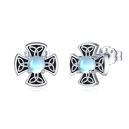 Mondstein Ohrringe für Damen 925 Silber Keltische Knoten Ohrstecker Kreuz Ohrsteckern Mondstein Ohrringe Schmuck Geschenk für Mädchen Kinder Tochter (Kreuz Ohrsteckern) von YAFEINI