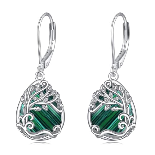 Baum des Lebens Malachit Ohrringe für Damen 925 Sterling Silber Lebensbaum Tropfen Ohrringe Leverback Schmuck Geschenke (AA-Baum des Lebens Malachit) von YAFEINI