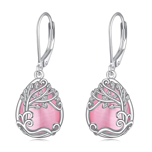 Baum des Lebens Rosa Opal Ohrringe für Damen 925 Sterling Silber Lebensbaum Rosa Tropfen Ohrringe Leverback Schmuck Geschenke (CC-Baum des Lebens Rosa Opal) von YAFEINI