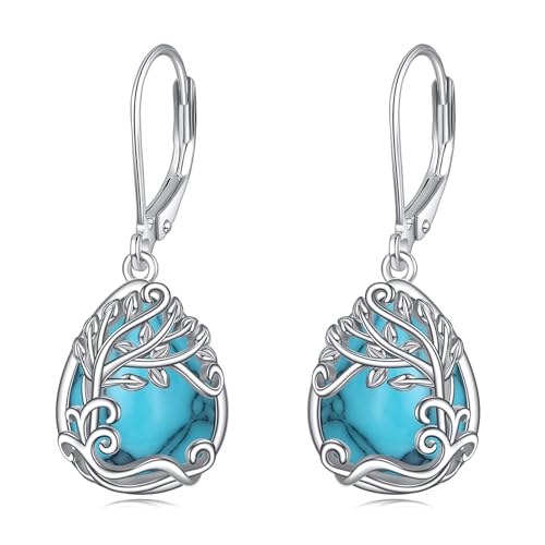 Baum des Lebens Türkis Ohrringe für Damen 925 Sterling Silber Lebensbaum Tropfen Ohrringe Leverback Schmuck Geschenke (EE-Baum des Lebens Türkis) von YAFEINI