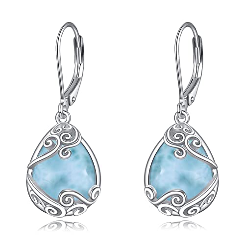 Larimar Ohrringe für Damen 925 Sterling Silber Filigran Larimar Tropfen Ohrringe Leverback Schmuck Geschenke (F-Larimar) von YAFEINI