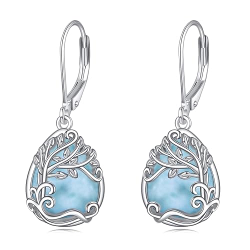 Baum des Lebens Larimar Ohrringe für Damen 925 Sterling Silber Lebensbaum Tropfen Ohrringe Leverback Schmuck Geschenke (HH-Baum des Lebens Larimar) von YAFEINI