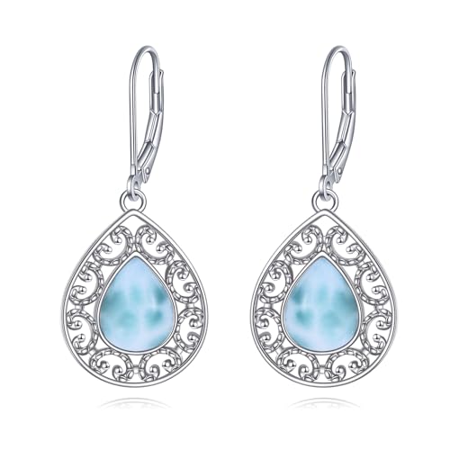 Larimar Ohrringe für Damen 925 Sterling Silber Filigran Larimar Tropfen Ohrringe Leverback Schmuck Geschenke (N-Larimar) von YAFEINI