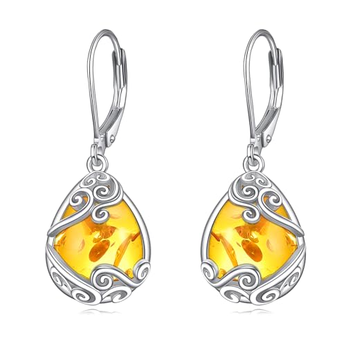 Bernstein Ohrringe für Damen 925 Sterling Silber Filigran Bernstein Tropfen Ohrringe Leverback Schmuck Geschenke von YAFEINI