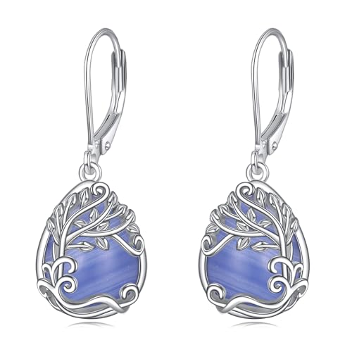 Blauer Achat Baum des Lebens Ohrringe für Damen 925 Sterling Silber Lebensbaum Tropfen Ohrringe Leverback Schmuck Geschenke von YAFEINI