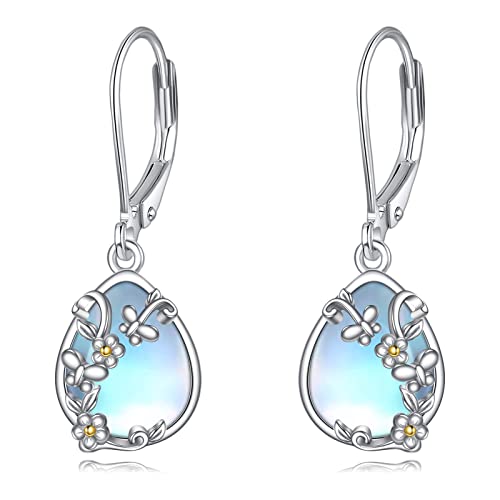 Mondstein Ohrringe für Damen - 925 Sterling Silber Mondstein Gänseblümchen Schmetterling Tropfen Leverback Schmuck Geschenke von YAFEINI