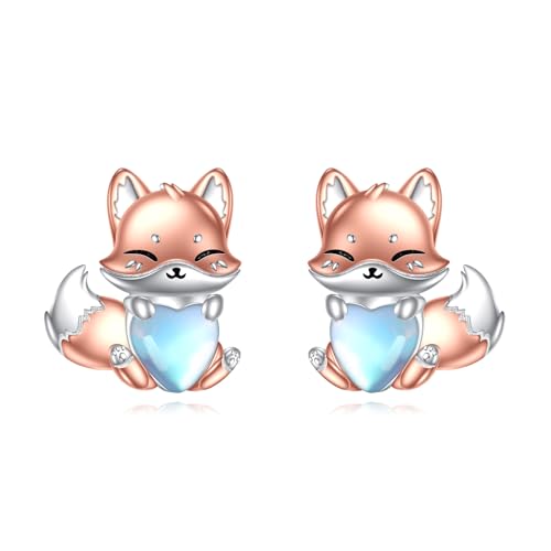 Mondstein Ohrringe für Damen Mädchen 925 Sterling Silber Koala/Katze/Eule/Kuh/Fledermaus/Schwein Ohrstecker Tier Geschenk Mondstein Schmuck (Fuchs) von YAFEINI