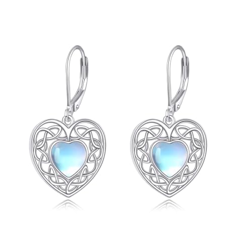 Keltische Mondstein Ohrringe 925 Sterling Silber Herz Tropfen Hängend Ohrhänger Mondstein Schmuck Geschenk für Damen Mädchen von YAFEINI