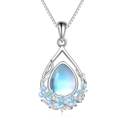 YAFEINI Geburt Blume Kette Sterling Silber Mondstein Tropfen Anhänger Halskette Narzisse Halskette Schmuck Geschenke für Damen Mädchen von YAFEINI