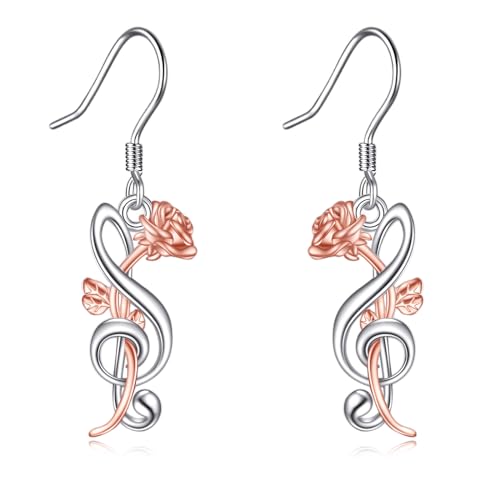 Musiknoten Ohrringe 925 Sterling Silber Rose Tropfen Hängend Ohrhänger Schmuck Geschenk für Damen Mädchen (Rose Musiknoten) von YAFEINI