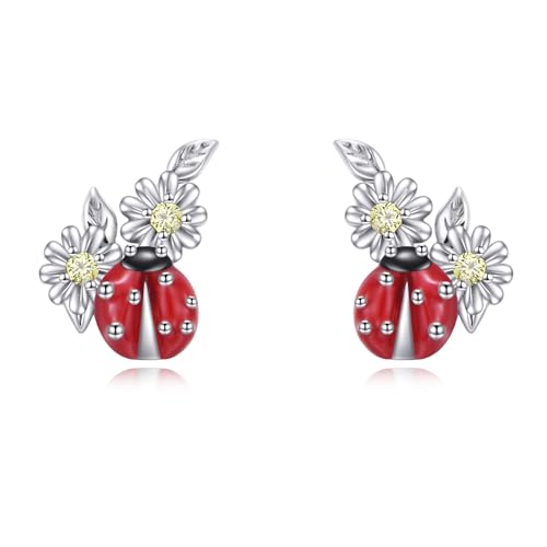 Ohrringe Ladybug Damen 925 Sterling Silber Gänseblümchen Ohrstecker Marienkäfer Geschenk Schmuck für Damen von YAFEINI