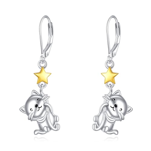 Süße Katzen Ohrringe für Damen 925 Sterlingsilber Katzen Tropfen Ohrringe mit Baumelnden Sternen Weihnachts und Geburtstags Geschenk (Katze Ohrringe) von YAFEINI