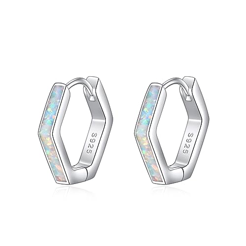Opal Ohrringe 925 Sterling Silber Geometrische Sechseck Creolen Ohrringe Weiß Opal Schmuck Geschenk für Damen Mädchen von YAFEINI
