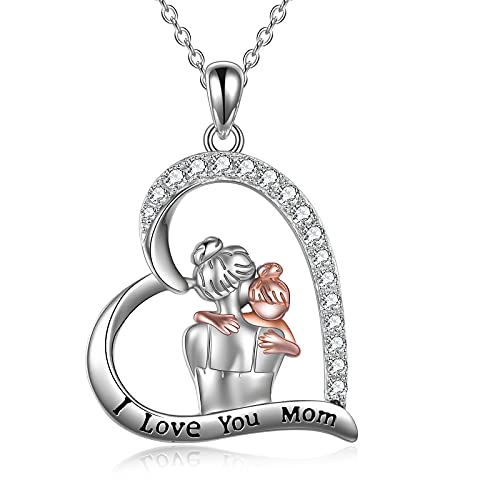 YAFEINI Perfekten Geschenk für Mama, Sterling Silber Mutter und Kind Hände Herz Anhänger Halskette, 45,7 cm (Mama ich liebe dich) (Mutter halten Kind Herzhalskette) von YAFEINI