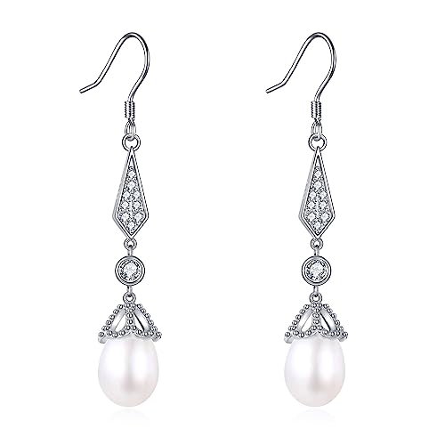 Perle Hängend Ohrringe für Damen 925 Sterling Silber Cubic Zirkonia Perle Ohrhänger Schmuck Geschenke für Mädchen von YAFEINI