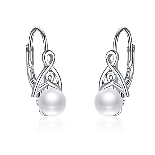 Perlen Ohrringe für Damen 925 Sterling Silber Irischer Keltischer Knoten Creolen Leverback Schmuck Geschenke für Mama Mutter Mädchen Freunde (Keltischer Knoten mit Perlen 1) von YAFEINI