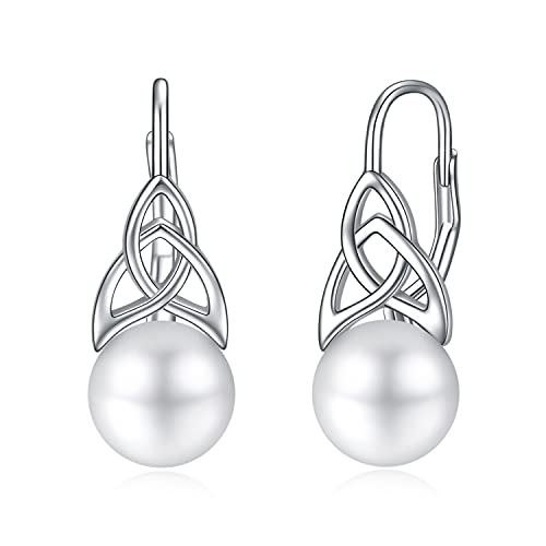 Perlen Ohrringe für Damen 925 Sterling Silber Irischer Keltischer Knoten Creolen Leverback Schmuck Geschenke für Mama Mutter Mädchen Freunde (Keltischer Knoten mit Perlen 2) von YAFEINI