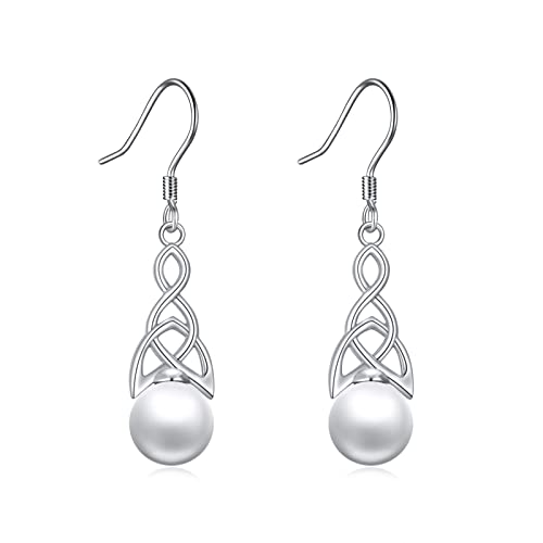 Perlen Ohrringe für Damen 925 Sterling Silber Irischer Keltischer Knoten Creolen Leverback Schmuck Geschenke für Mama Mutter Mädchen Freunde (Keltischer Knoten mit Perlen 3) von YAFEINI