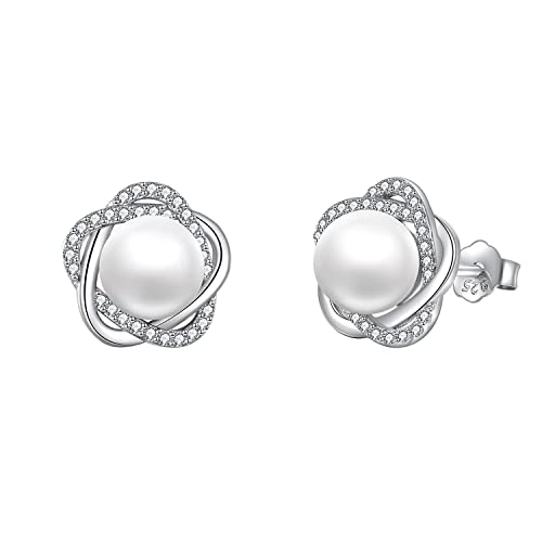 Perlen Ohrringe für Damen 925 Sterling Silber Irischer Keltischer Knoten Creolen Leverback Schmuck Geschenke für Mama Mutter Mädchen Freunde (Perlen ohrringe 1) von YAFEINI