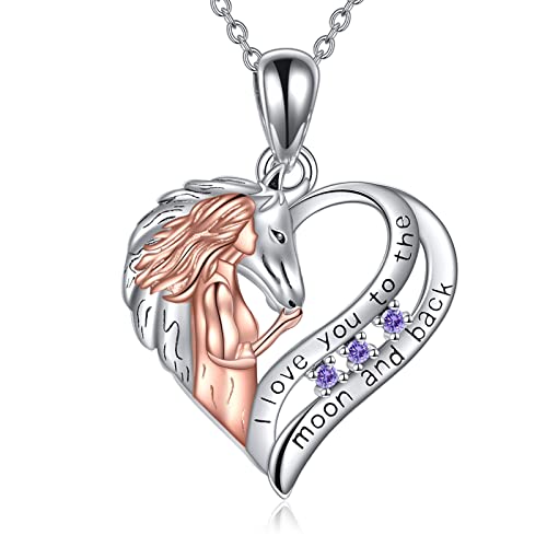 YAFEINI Pferde Kette Schmuck Geschenke Sterling Silber Ich liebe dich bis zum Mond und zurück Pferd und Mädchen Liebe Herz Anhänger Halskette für Damen Mädchen (Lila Pferde kette) von YAFEINI