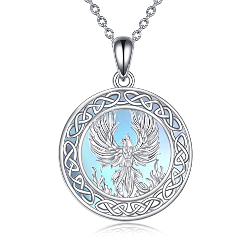 YAFEINI Phoenix Kette Geschenke Sterling Silber Mondstein irischer keltischer Knoten steigender Phoenix Anhänger Halskette Schmuck für Damen Januar Guardian Animal Halskette von YAFEINI