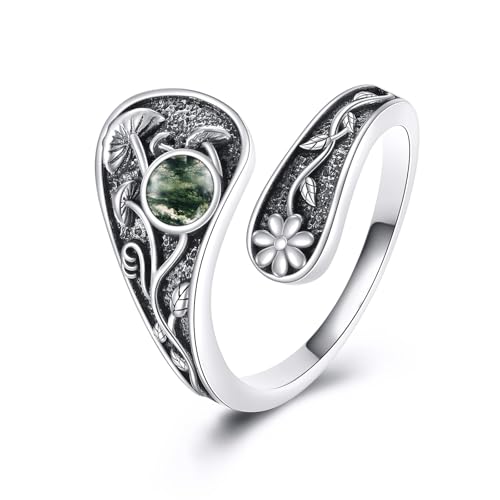 Moosachat Pilz Ring 925 Sterling Silber Verstellbarer Moosachat Schmuck Pilz Geschenke für Damen Mädchen (#8#9#10) von YAFEINI