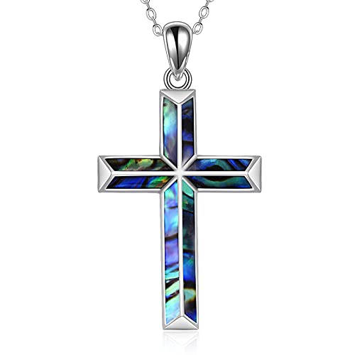 YAFEINI Religiöse Kreuz Anhänger Halskette 925 Sterling Silber Abalone Muschel Kreuz Anhänger Geschenke für Frauen von YAFEINI