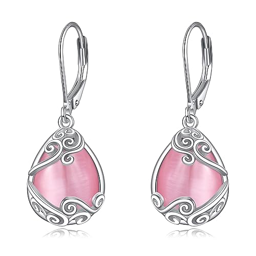 Rosa Träne Ohrringe für Damen 925 Sterling Silber Filigran Rosa Tropfen Ohrringe Leverback Schmuck Geschenke (L-Rosa Träne Ohrringe) von YAFEINI