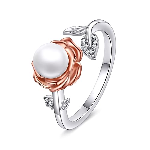 Rose Blume Ring für Damen 925 Sterling Silber Perle Einstellbar Ring Rose Blume Schmuck Geschenk für Mädchen (Rose Blume) von YAFEINI