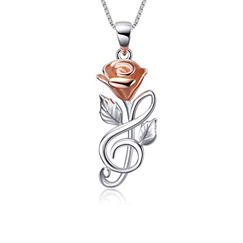 Rose Kette Sterling Silber Rose Gold Musiknote Rosen Blumen Anhänger Halskette Schmuck Geschenke für Frauen Mädchen Ihre Freundin Frau (Rosen halskette mit 18 ") von YAFEINI