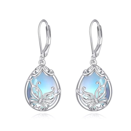 Schmetterling Ohrringe S925 Sterling Silber Mondstein Tropfen Leverback Ohrhänger Schmuck Geschenk für Damen Mädchen von YAFEINI