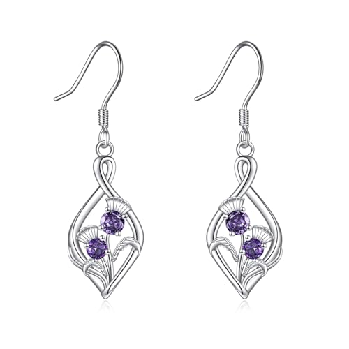 Schottische Distel Ohrringe für Damen 925 Sterling Silber Unendlichkeit Hängend Ohrhänger für Mädchen Lila Distel Schmuck Geschenk von YAFEINI