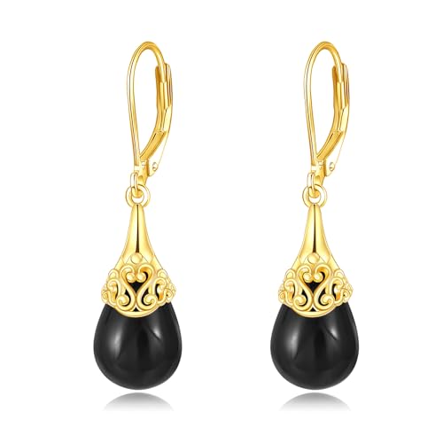 Schwarze Onyx Ohrhänger 925er Sterling Silber Leverback Ohrringe Gold Schwarzer Onyx Tropfen OhrringeO Schmuck Geschenk für Damen von YAFEINI