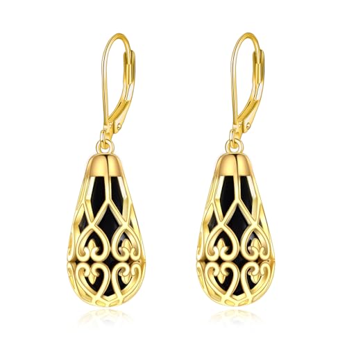Schwarze Onyx Ohrringe 925 Sterling Silber Gold Keltischer Tropfen Hängend Ohrhänger Schmuck Geschenk für Damen von YAFEINI