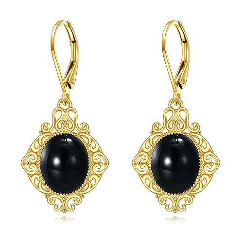 Schwarze Onyx Ohrringe Ovale Tropfen Ohrringe aus Sterling Silber 18 Karat Gelbgold Vergoldet Filigrane Boho Ohrhänger Schmuck Geschenke für Damen und Mädchen (Filigrane Ohrringe schwarzem Onyx) von YAFEINI