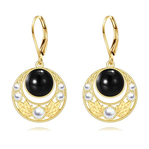 Schwarze Onyx Ohrringe Ovale Tropfen Ohrringe aus Sterling Silber 18 Karat Gelbgold Vergoldet Filigrane Boho Ohrhänger Schmuck Geschenke für Damen und Mädchen (Schwarze Onyx Perlen Ohrringe) von YAFEINI