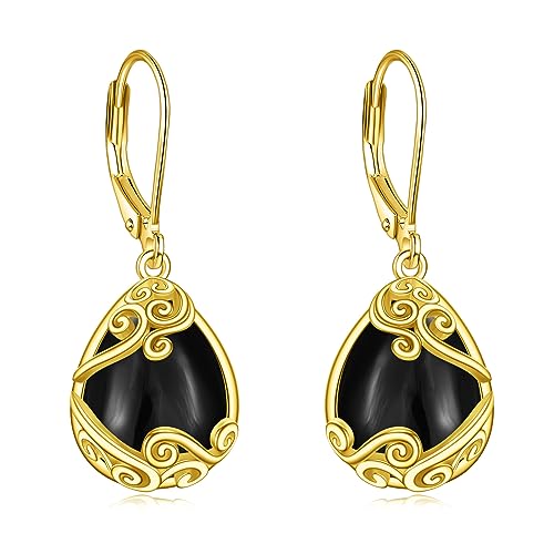 Schwarze Onyx Ohrringe Sterling Silber - Träne Boho Hängend 18K Gelb Gold Böhmen Filigrane Ohrhänger Schmuck Geschenke für Damen Mädchen von YAFEINI