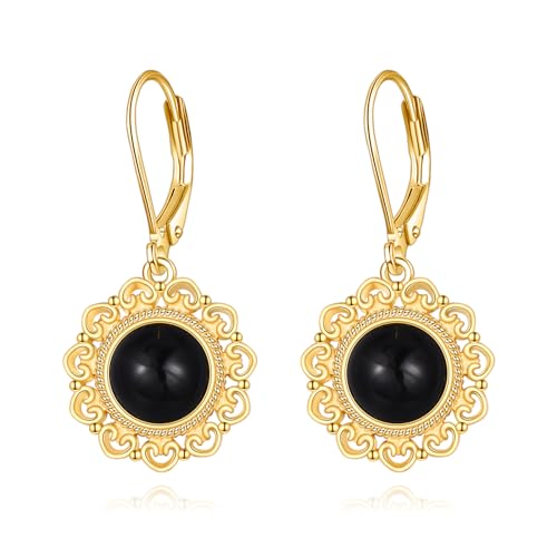 Schwarze Onyx Ohrringe Sterling Silber - 18K Gelb Gold Böhmen Filigrane Träne Ohrhänger Schmuck Geschenke für Damen Mädchen von YAFEINI