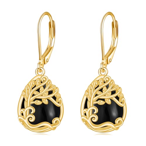 Schwarze Onyx Ohrringe Sterling Silber Baum des Lebens Ohrringe 18K Gelb Gold Lebensbaum Ohrhänger Schmuck Geschenke für Damen Mädchen (E-Schwarze Onyx Baum des Lebens Ohrringe) von YAFEINI