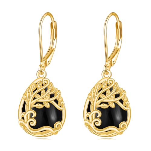 Schwarze Onyx Ohrringe Sterling Silber - Baum des Lebens 18K Gelb Gold Lebensbaum Ohrhänger - Schmuck Geschenke für Damen Mädchen von YAFEINI