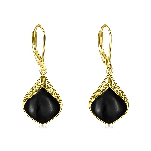 Schwarze Onyx Ohrringe Tropfen Ohrringe aus Sterling Silber 18 Karat Gelbgold Vergoldet Filigrane Boho Ohrhänger Schmuck Geschenke für Damen von YAFEINI