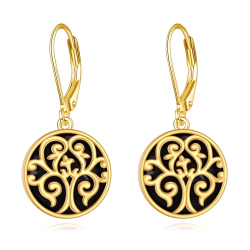 Schwarze Onyx Ohrringe mit Klappbügel 925er Sterling Silber Filigrane Ohrhänger Gelbgold Schmuck Geschenk für Damen von YAFEINI