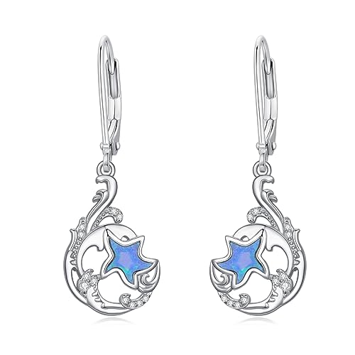 Seestern Ohrringe für Damen 925 Sterling Silber Wellen Hängend Ohrhänger Blauer Opal Seestern Strand Schmuck Geschenk (Seestern) von YAFEINI