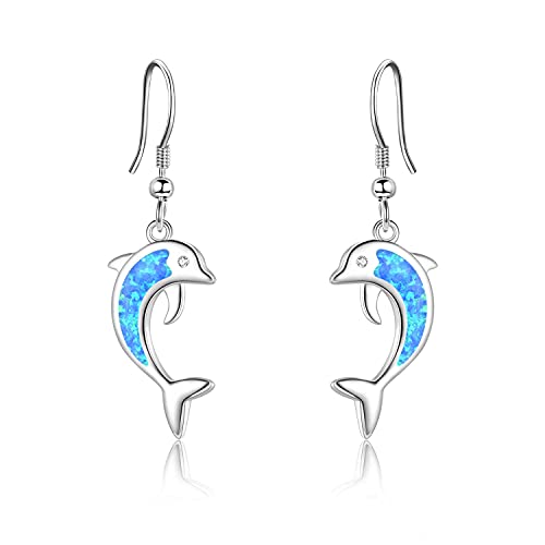 Delfin Ohrringe für Damen 925 Sterling Silber Blauer Opal Delfin Ohrhänger Delfin Schmuck Geschenke für Teenager Mädchen von YAFEINI